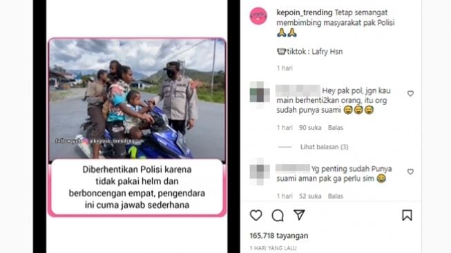 Jawaban polos pemotor wanita saat dihentikan polisi karena tak pakai helm dan berboncengan empat. (Instagram/@kepoin_trending)