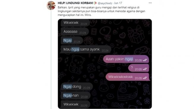 Guru TK, guru mengaji, sekaligus anggota parpol lakukan tindak kejahatan seksual terhadap remaja 14 tahun. (Twitter/@seychiwlz)