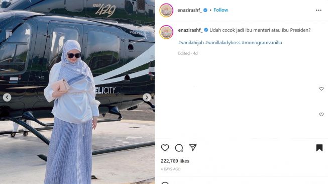 Foto: Nadzhira Shafa Bagikan Potret di Depan Helikopter, Warganet : Cocok Jadi Ibu Presiden (instagram/enazirashf_)