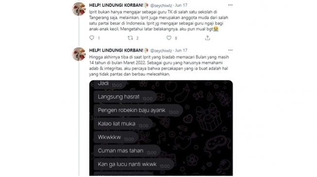 Guru TK, guru mengaji, sekaligus anggota parpol lakukan tindak kejahatan seksual terhadap remaja 14 tahun. (Twitter/@seychiwlz)