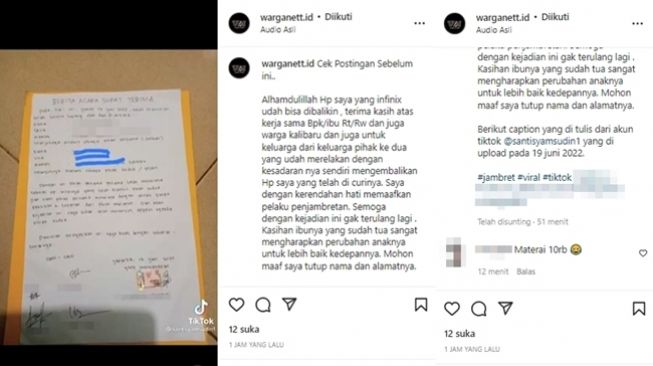 Surat pernyataan HP yang dijambret sudah dikembalikan kepada korban, sekaligus korban mengaku sudah memaafkan pelaku. (Instagram/@warganett.id)