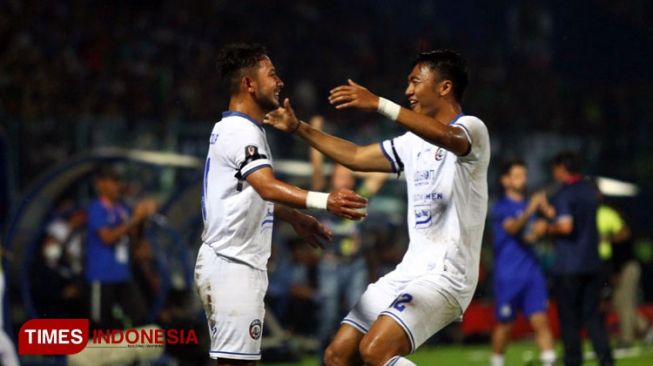 Arema FC memastikan diri lolos ke babak 8 besar Piala Presiden 2022 setelah berhasil tumbangkan Persikabo 1973 dengan skor 1-0. Minggu (19/6/2022). (Foto: Tria Adha/TIMES Indonesia)