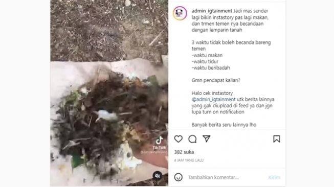 Nasi bungkus tiba-tiba dilempari tanah diduga dengan dalih bercanda dan demi konten. (Instagram/@admin_igtainment)