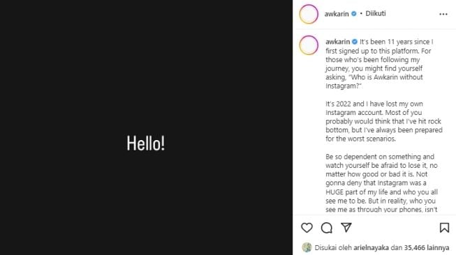 Awkarin pamit dari Instagram lamanya. 