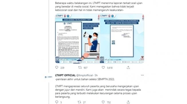 Klarifikasi LTMPT soal dugaan praktik joki dan kebocoran soal UTBK-SBMPTN 2022. (Twitter/@ltmptofficial)