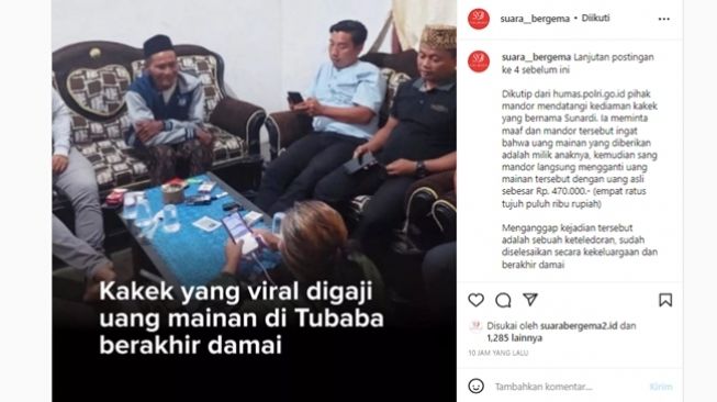 Kakek Sunardi, pekerja penebang tebu di Lampung yang digaji dengan uang mainan sudah berdamai dengan mandor yang mengaku lalai memberikan mainan anaknya sebagai upah. (Instagram/@suara_bergema)