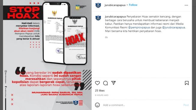 Juru bicara Gubernur Papua, Muhammad Rifai Darus memastikan surat Gubernur Lukas Enembe yang tengah beredar saat ini tidak benar alias hoaks. (Tangkap Layar IG @/jurubicarapapua.