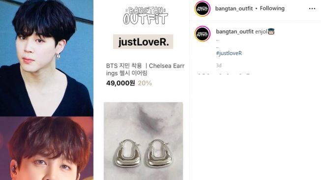 Jimin BTS pakai anting-anting dengan harga yang dianggap murah, warganet ingin punya demi kembaran (Instagram/bangtan_outfit)