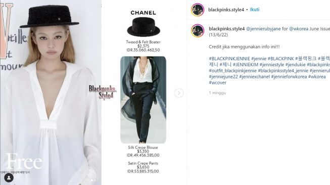 Harga Outfit Jennie Blackpink dalam cover majalah W (instagram/blackpinks.style4)