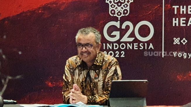 Direktur Jenderal Organisasi Kesehatan Dunia (WHO) Tedros Adhanom Ghebreyesus dalam sesi jumpa pers Pertemuan Pertama Menteri Kesehatan G20 di Hotel Marriot Jogja, Senin (20/6/2022). [Hiskia Andika Weadcaksana / Suarajogja.id]