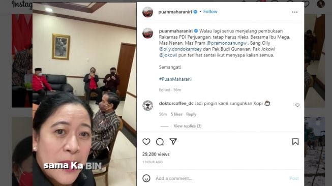 Ketua DPR RI Puan Maharani memperlihatkan suasana di dalam ruangan Megawati sebelum pembukaan acara Rakernas ke-2 PDIP di Sekolah Partai, Jalan Lenteng Agung, Jakarta Selatan, Selasa (21/6/2022). (Tangkap Layar IG @puanmaharaniri)