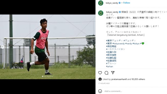 Pratama Arhan latihan bersama Tokyo Verdy. (Instagram/tokyo_verdy)