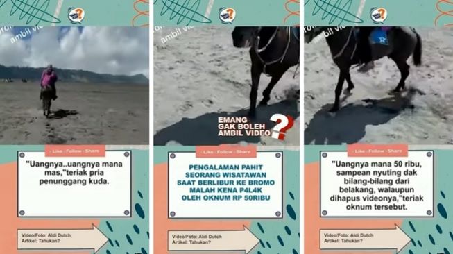 Oknum penunggang kuda memaksa wisatawan Gunung Bromo membayarnya Rp 50.000 karena ketahuan merekam diam-diam dari belakang. (Instagram/@kabarutama)