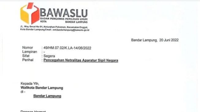 Surat Pencegahan Netralitas ASN dalam Pemilu 2024 Dikirimkan Kepada Walkot