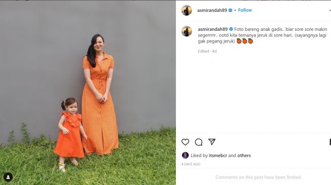 Foto: Asmirandah Kenakan OOTD Serba Oranye dengan Sang Anak, Cantiknya Bikin Meleleh (instagram/asmirandah89)