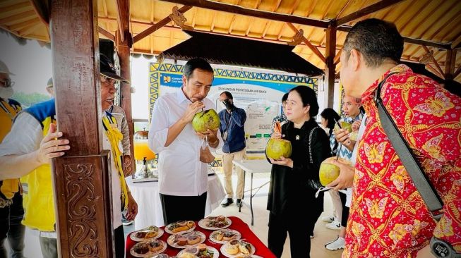 Sembari Tinjau Bendungan Sepaku, Jokowi Nikmati Kelapa Muda Bareng Puan Maharani