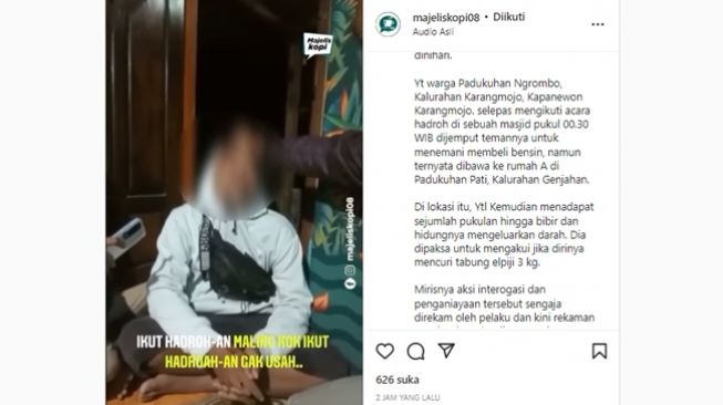 Bocah di Gunung Kidul diculik dan dianiaya beberapa pria dewasa setelah dituduh mencuri tabung gas LPG 3 kg milik pedagang. (Instagram/@majeliskopi08)