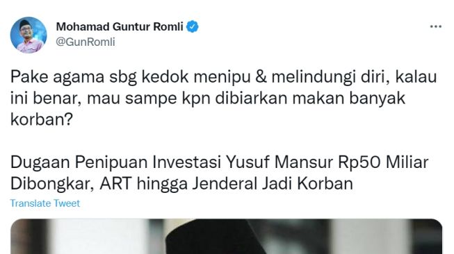 Tangkapan layar akun Twitter Guntur Romli tentang kasus dugaan investasi Yusuf Mansur