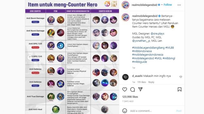 Cara counter hero Mobile Legends. [Instagram]