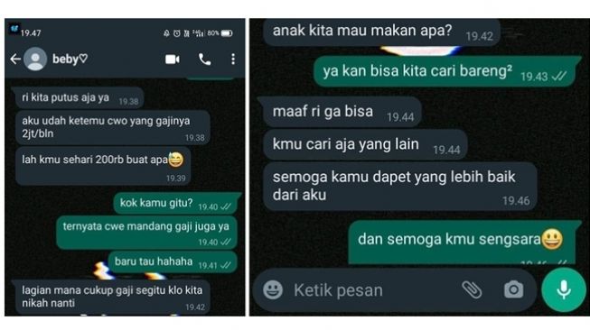 Cewek putuskan pacar gara-gara cuma digaji Rp 200.000 sebulan, upah pacar baru bikin meringis. (Twitter/@Askrlfess)