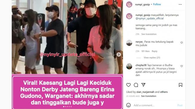 Tangkapan layar video Kaesang Pangarep dan Erina Gudono memasuki stadion Manahan Solo saat laga Persis Solo melawan PSIS Semarang. [Instagram/@rumpi_gosip]