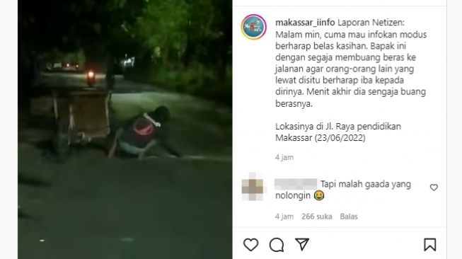 Pria diduga sengaja buang beras ke jalan demi mendapat belas kasihan warga. (Instagram/@makassar_iinfo)