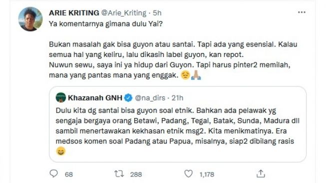 Arie Kriting membalas twit Gus Nadir. [Twitter]