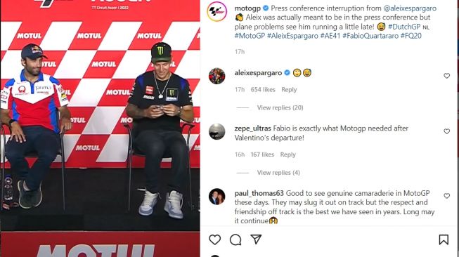 Fabio Quartararo syok lihat ada video call saat konferensi pers MotoGP Belanda 2022 (Instagram)