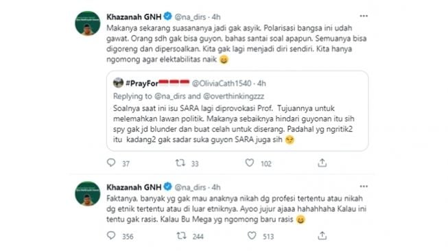 Akun Twitter tokoh NU Nadirsyah Hosen alias Gus Nadir ikut berpendapat soal guyonan Papua dan tukang bakso Megawati Soekarnoputri yang dianggap rasis. (Twitter/@na_dirs)