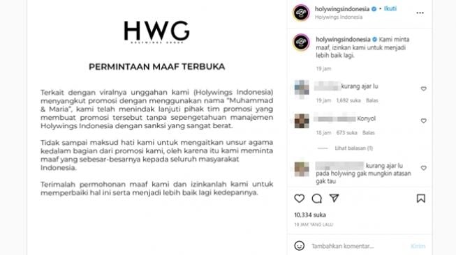 Holywings Indonesia unggah permintaan maaf usai dikecam soal promosi minuman keras cuma-cuma yang mencatut identitas Muhammad dan Maria. (Instagram/@holywingsindonesia)
