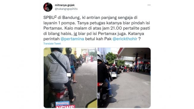 Curhatan warganet kenapa SPBU di Bandung selalu antre panjang khususnya di pompa Pertalite (Twitter)