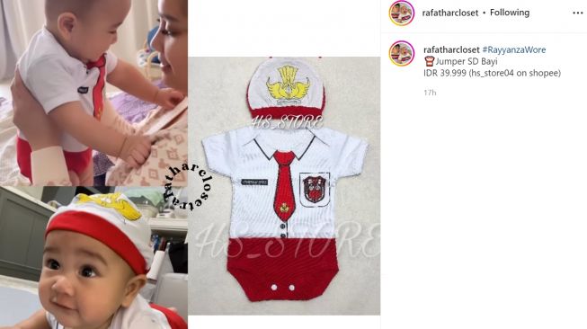 Baby Rayyanza mengenakan baju seragam SD dengan harga murah dan bisa dibeli di Shopee (Instagram/rafatharcloset)
