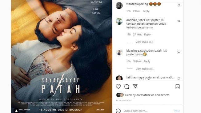 Tangkapan layar Ariel Tatum dan Nicholas Saputra berpose di poster film Sayap Sayap Patah. (Instagram/@arieltatum)