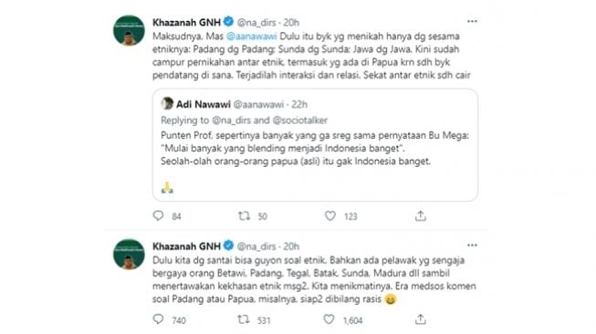 Akun Twitter tokoh NU Nadirsyah Hosen alias Gus Nadir ikut berpendapat soal guyonan Papua dan tukang bakso Megawati Soekarnoputri yang dianggap rasis. (Twitter/@na_dirs)