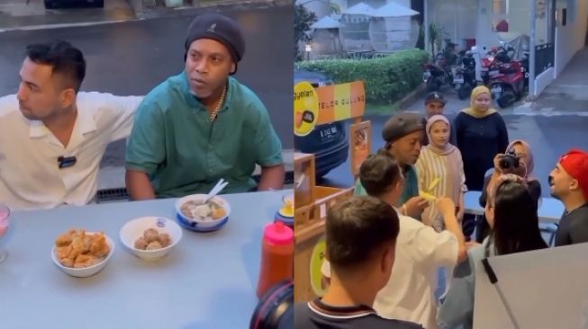 Raffi Ahmad ajak Ronaldinho makan bakso dan telur gulung. 