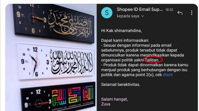 Heboh! Pedagang Jam Dinding Bertuliskan Arab Dilarang Berjualan di Shopee Karena Dianggap Taliban, Warganet: Boikot!