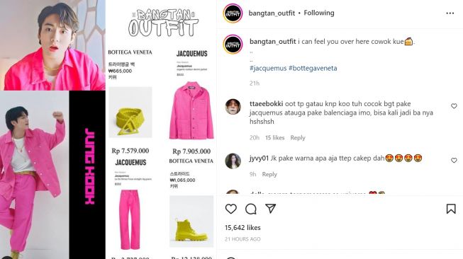 Intip gaya busana dan OOTD Jungkook BTS ketika duet dengan Charlie Puth, mewah dan serba pink (Instagram/bangtan_outfit)