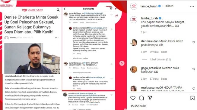 Unggahan soal Sunan Kalijaga dan Denise Chariesta [Instagram/@lambe_turah]