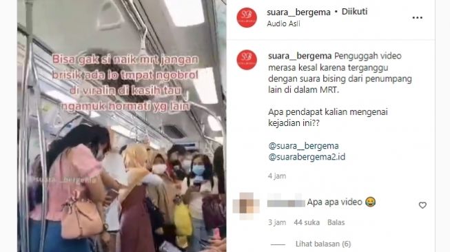 Penumpang protes suasana di dalam MRT kelewat berisik, malah jadi perdebatan. (Instagram/@suara_bergema)