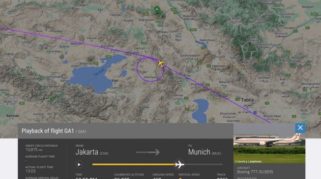 Pesawat yang tengah membawa Presiden Joko Widodo atau Jokowi beserta rombongan ke Jerman sempat berputar di Turki. (flightradar24)