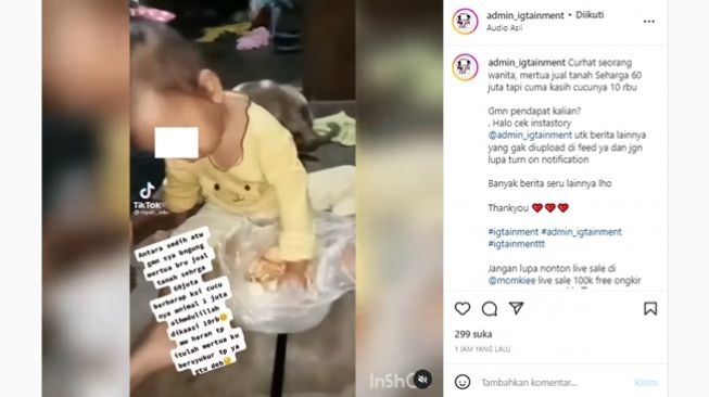 Wanita curhat merasa sakit hati mertuanya cuma kasih uang Rp 10.000 ke cucu padahal baru jual tanah Rp 60 juta. (Instagram/@admin_igtainment)