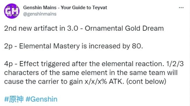 Artefak Genshin Impact 3.0, Ornamental Gold Dream. [Twitter]