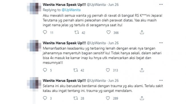 Viral pasien wanita mengaku dilecehkan oknum perawat selama dirawat di salah satu RS di Jepara, Jawa Tengah. (Twitter/@UpWanita)