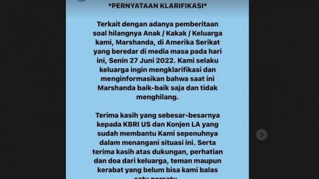 Pernyataan resmi keluarga mengenai kabar hilangnya Marshanda. [Instagram]