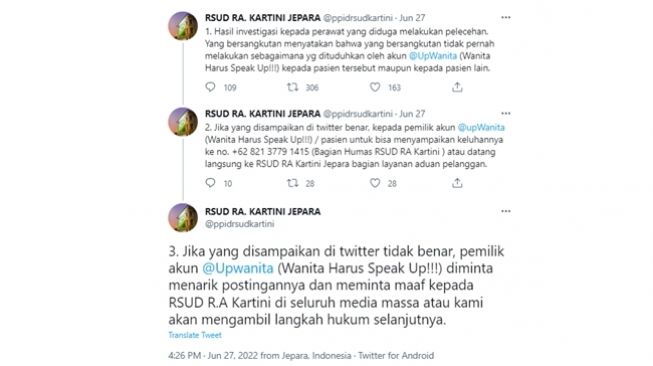 Tanggapan RSUD Kartini Jepara yang diduga jadi tempat oknum perawat lakukan pelecehan seksual kepada pasien. (Twitter/@ppidrsudkartini)