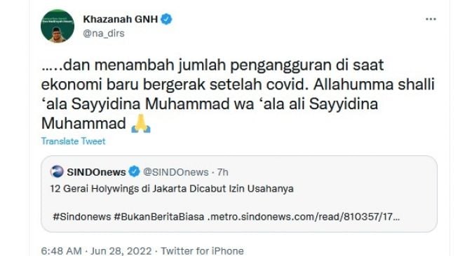 Twit Nadirsyah Hosen alias Gus Nadir soal penutupan 12 garai Holywings.