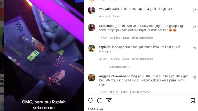 Uang Rp 100 ribu saat berada di bawah sinar ultraviolet (Instagram/ @viralinbro).