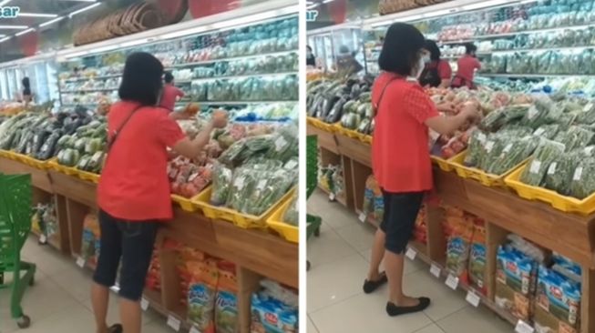 Tak Habis Pikir! Emak-emak Santai Bongkar Kemasan Tomat di Supermarket, Diduga Demi Cari yang Masih Bagus