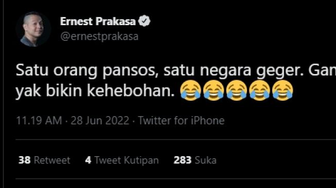 Ernest Prakasa sebut sahabat Marshanda pansos. [Twitter]
