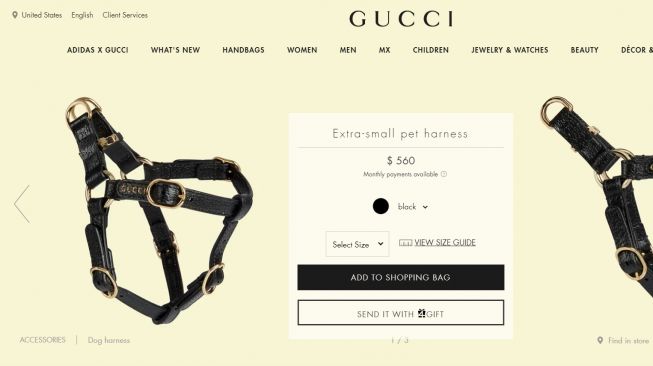 Gucci resmi rilis aksesoris khusus untuk hewan peliharaan, anjing dan kuncing dengan harga mulai dari Rp3 juta (Website/Gucci)